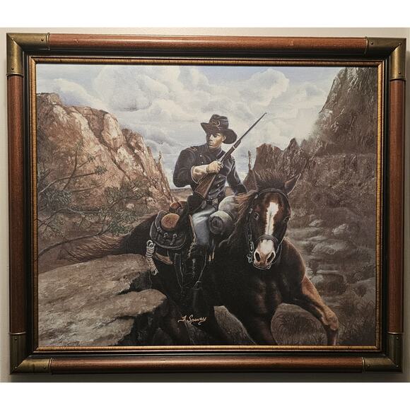 Frank Spivey Framed Genuine Lithograph On Canvas Calvary Soldier On Horseback - Picture 1 of 9